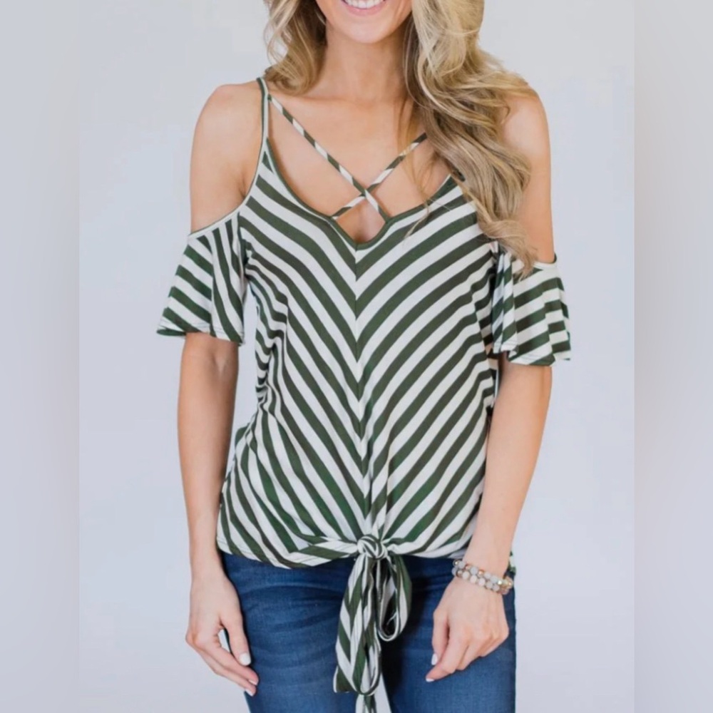 White Birch Striped Cold shoulder Top